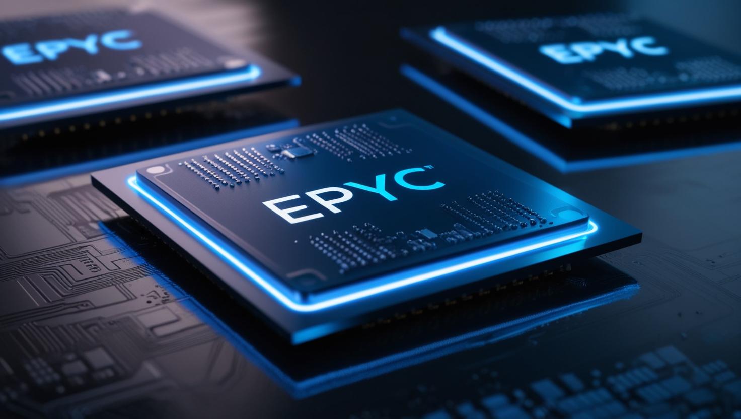 Close-up macro shot of an AMD EPYC CPU chip on a reflective surface.