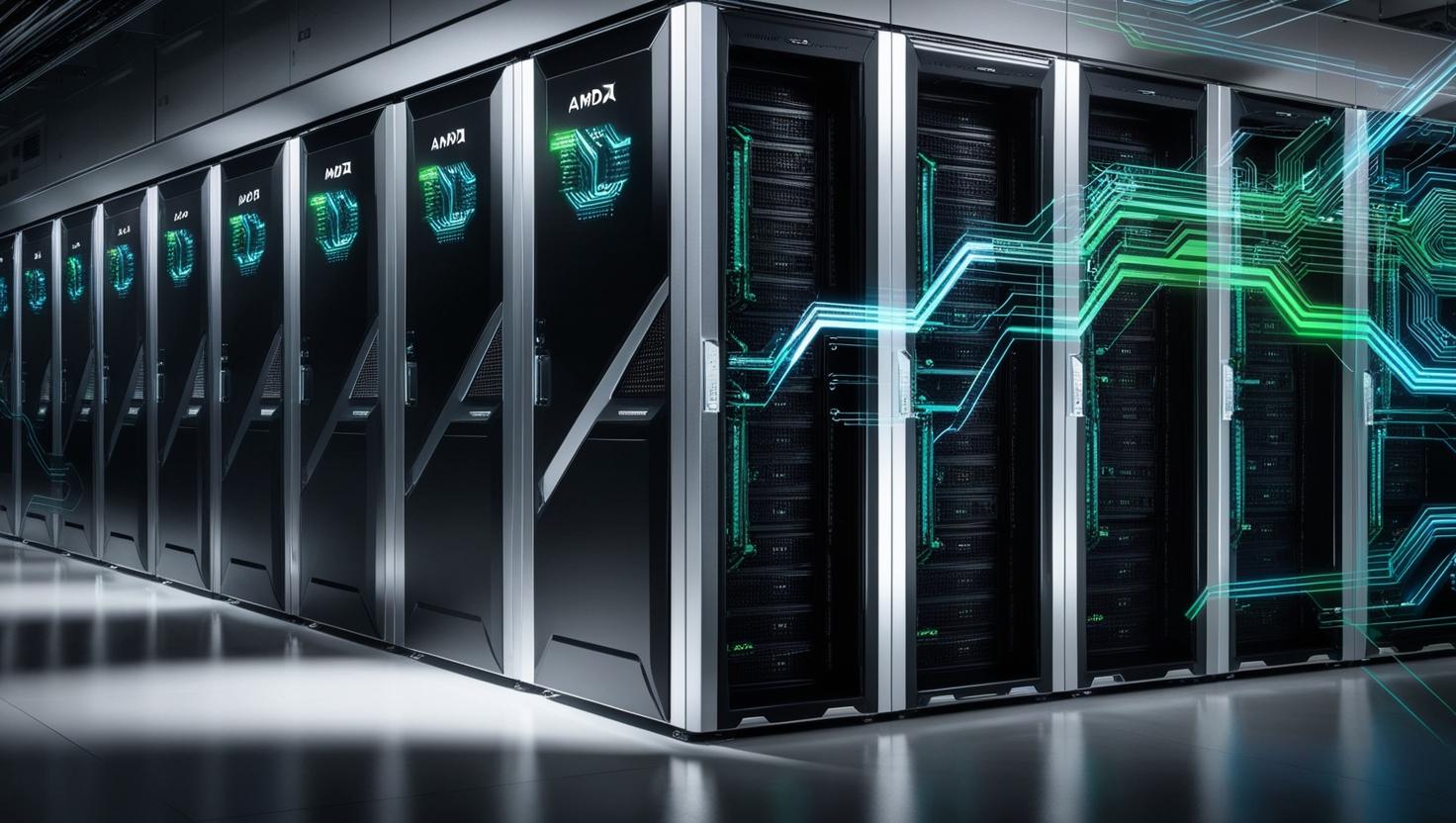 Futuristic HPC data center with AMD EPYC-labeled servers and AI data streams in the background.